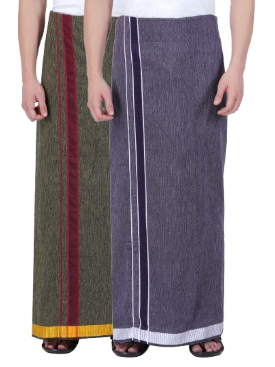 

Ethazh Men Pack of 2 Cotton Dhotis, Olive