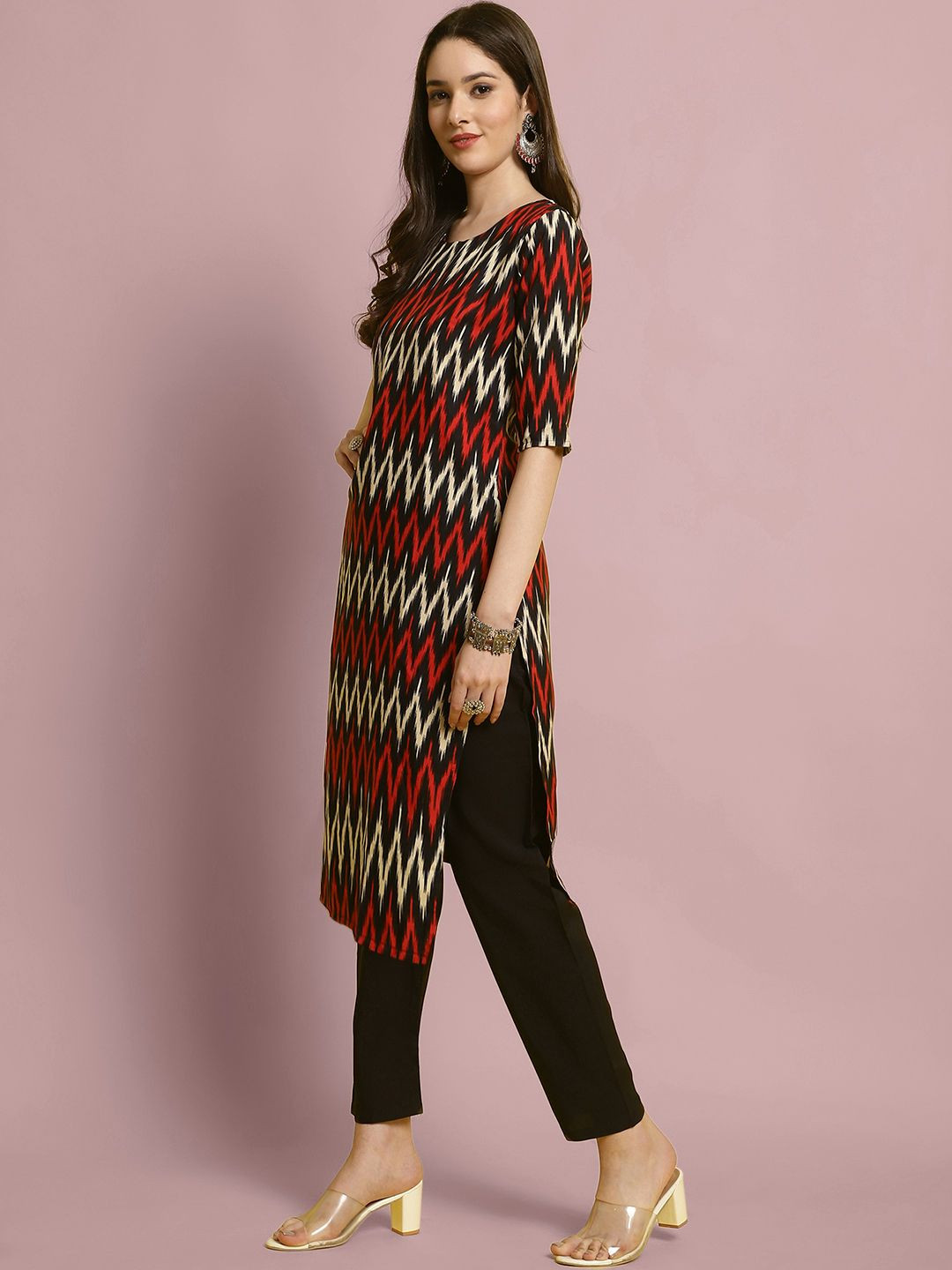 

7Threads Chevron Printed Straight Kurta With Trouser, Black