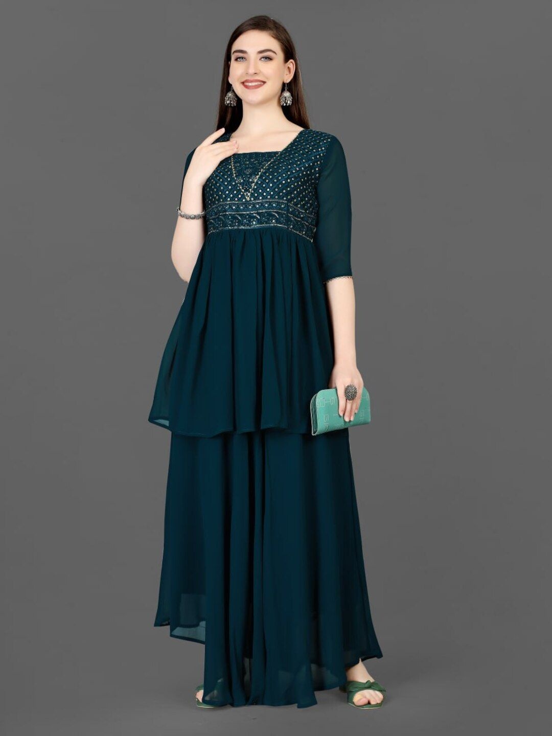 

SHIJILA Women Embroidered Georgette Fit & Flared Maxi Ethnic Dress, Blue