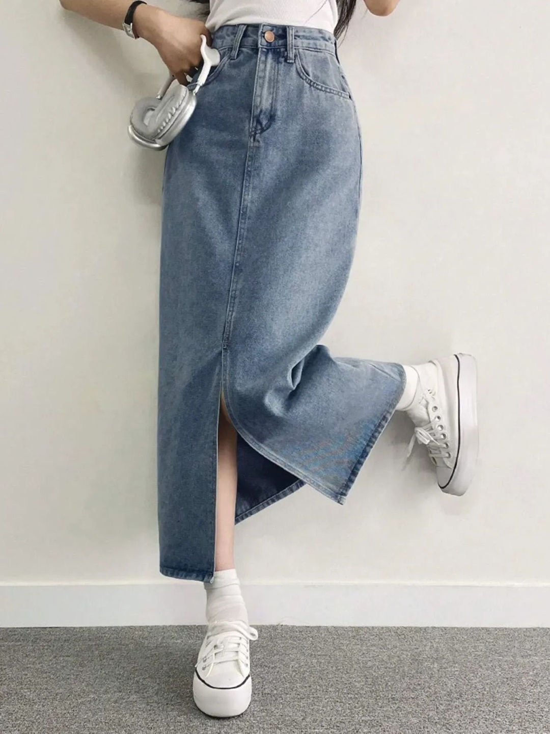 

dolsia High-Rise A-Line Midi Denim Skirt, Blue