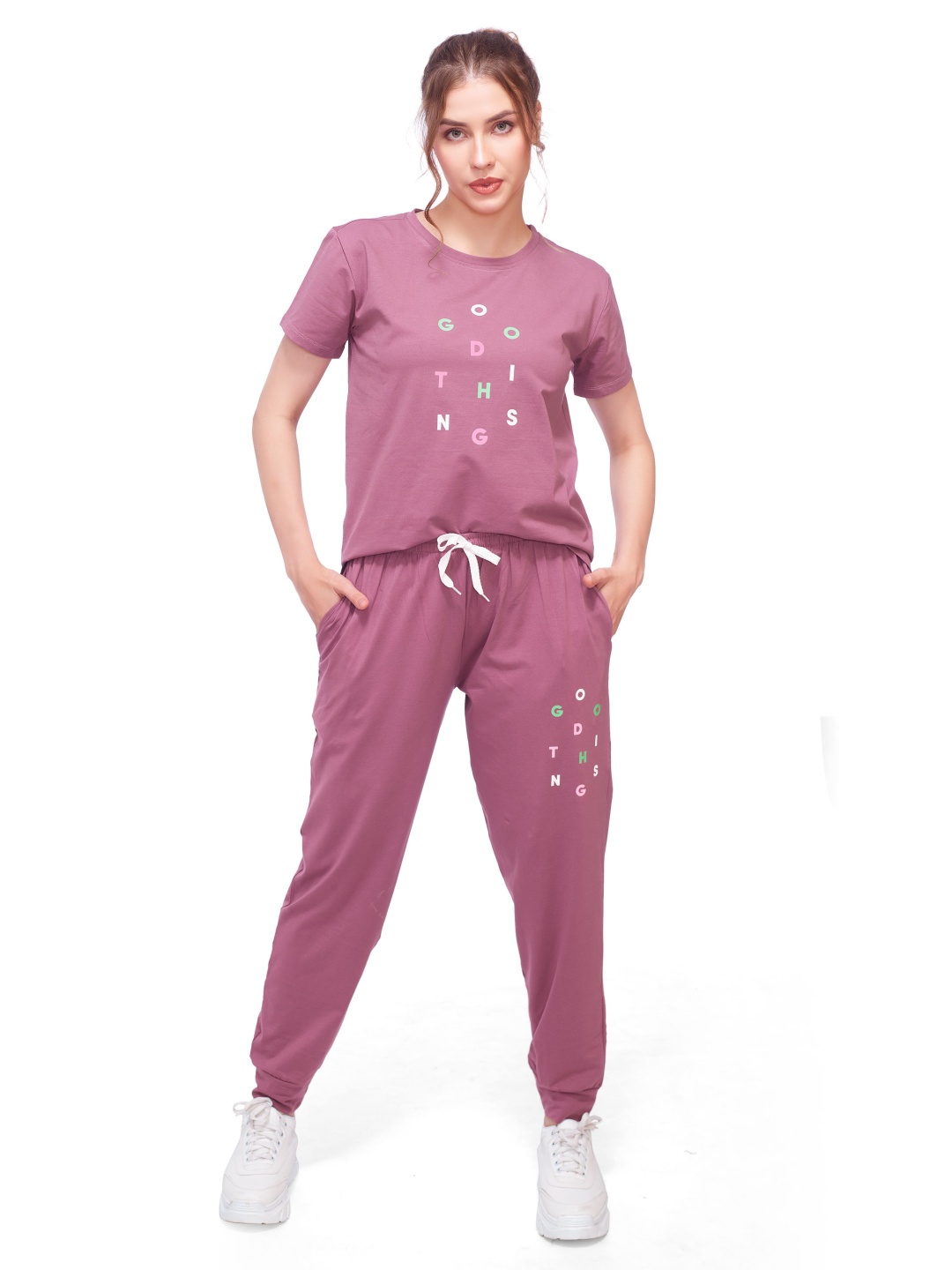 

Lotik Women Printed Cotton T-Shirt With Joggers Co-Ords, Brown