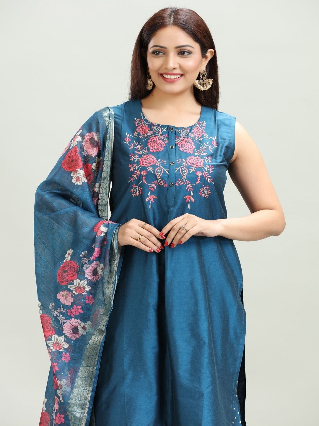 

COTTON CULTURE Floral Embroidered Kurta with Palazzos With Dupatta, Blue
