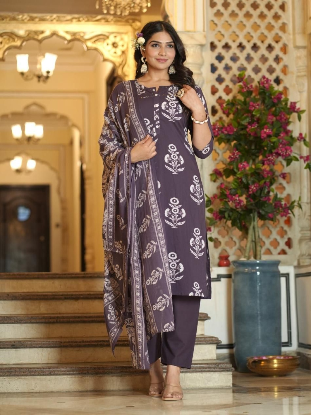 

KALINI Floral Printed Straight Kurta With Trousers And Dupatta, Purple
