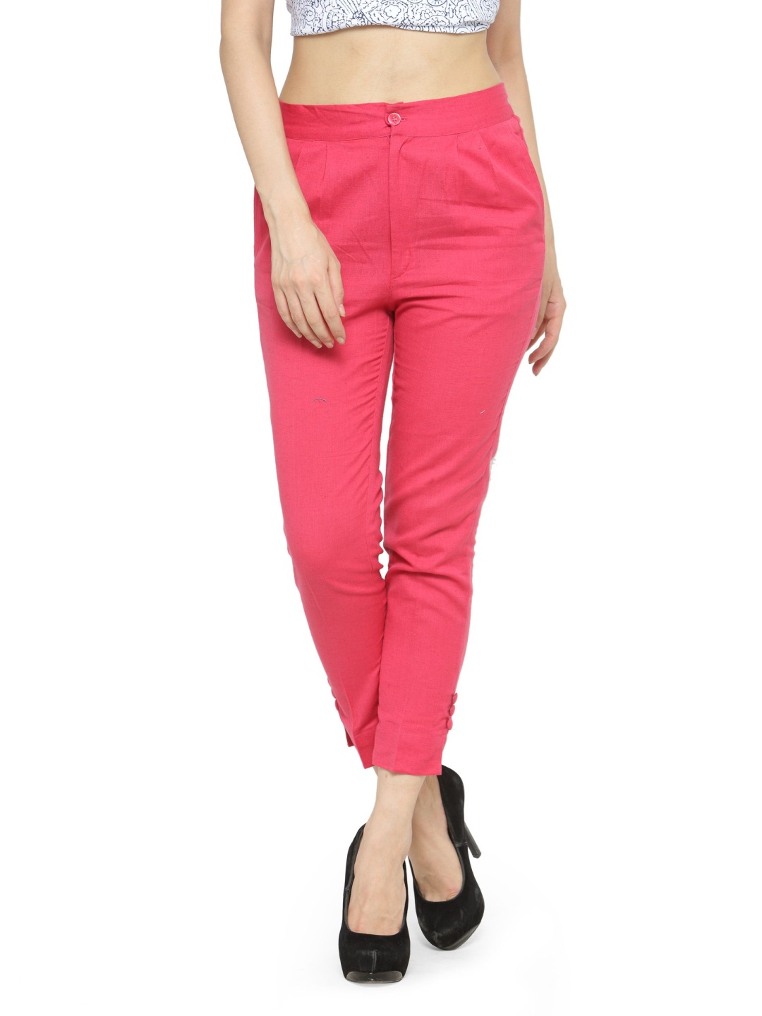 

Indibelle Women Cotton Mid-Rise Pleated Cropped Trousers, Magenta