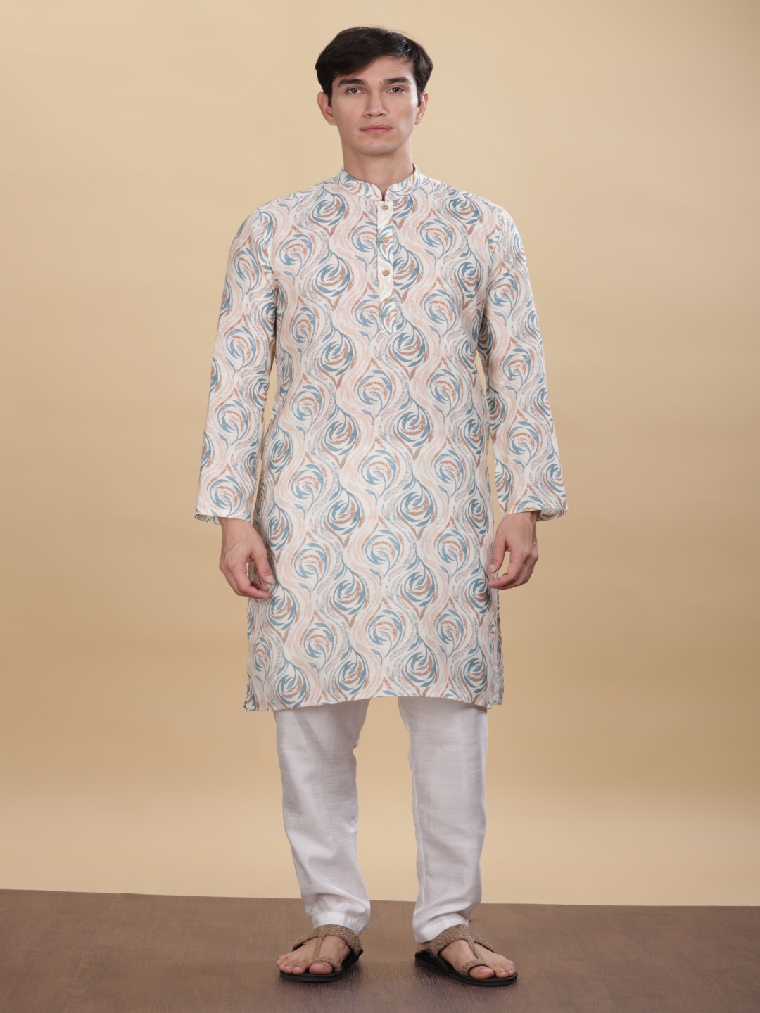 

Anouk Abstract Woven Design Mandarin Collar Straight Kurta, Beige