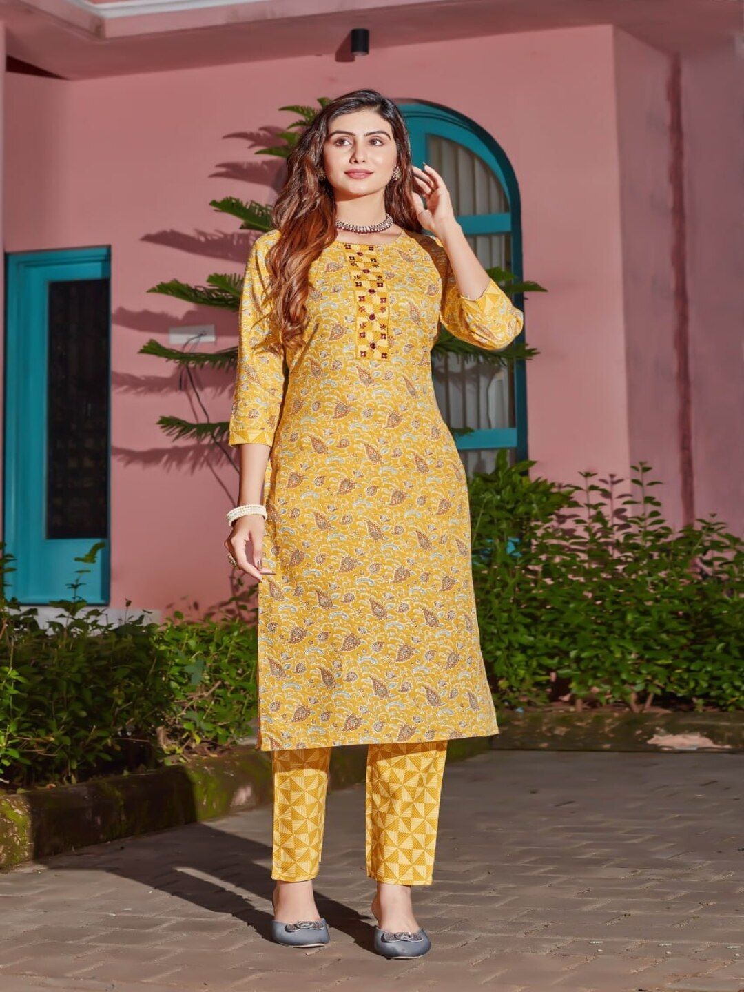 

SHIJILA Ethnic Motifs Printed Mirror Work Round Neck Kurta With Trouser, Mustard