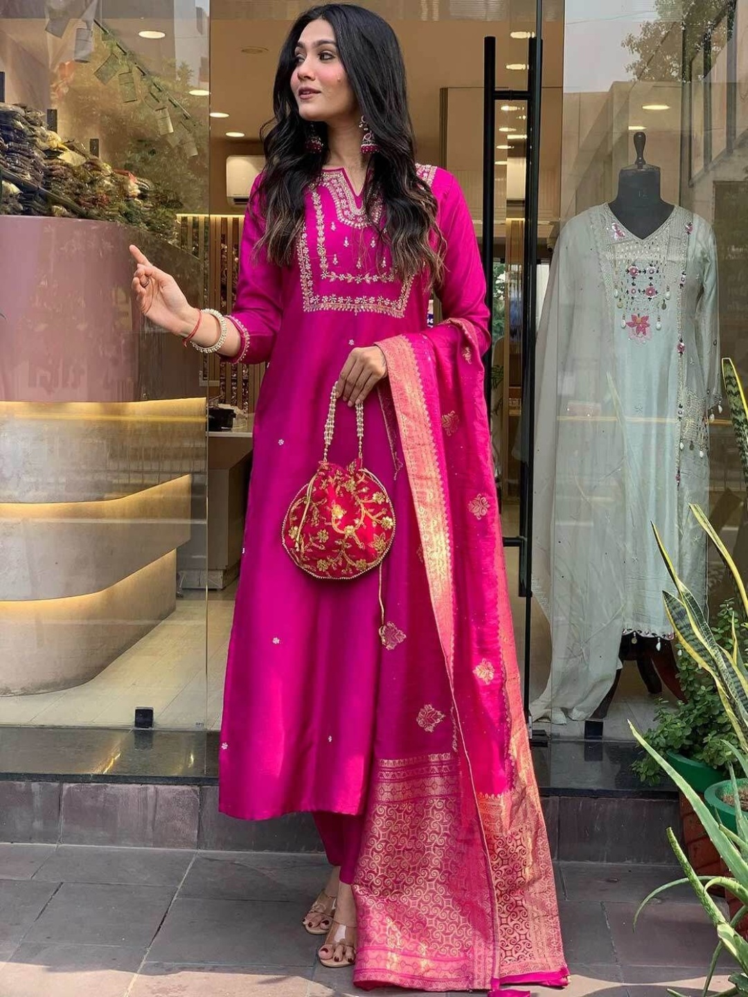 

Blue Wish Floral Embroidered Thread Work Chanderi Silk Kurta with Trousers And Dupatta, Pink