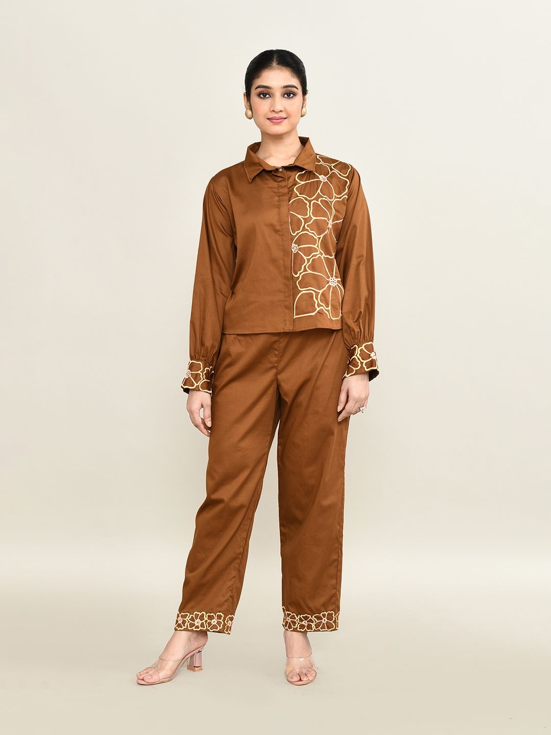 

The Maple Floral Printed Shirt Collar Neck Shirt With Trousers, Brown