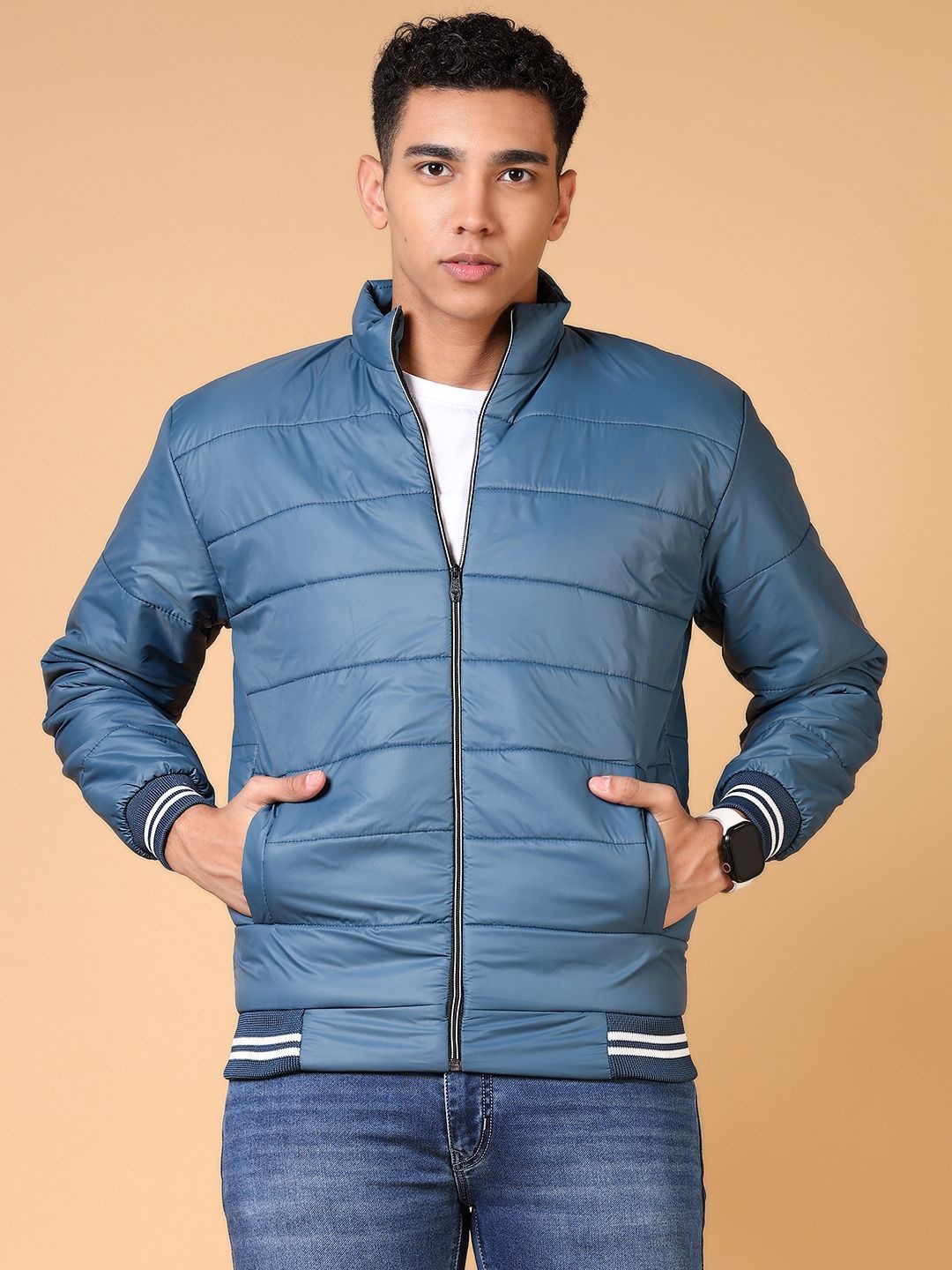 

V-Mart Men Mock Collar Solid Cotton Casual Puffer Jacket, Teal