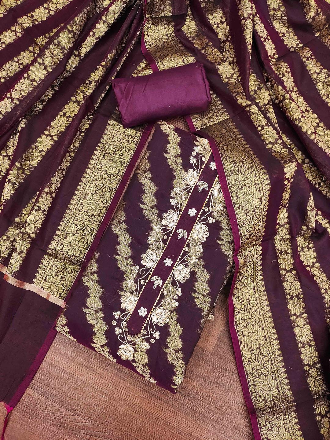 

KALINI Floral Woven Design Beads Work Unstitched Dress Material, Purple