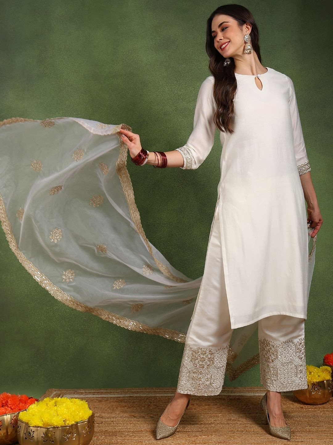 

AHIKA Ethnic Motifs Embroidered Keyhole Neck Straight Kurta With Palazzos And Dupatta, Off white