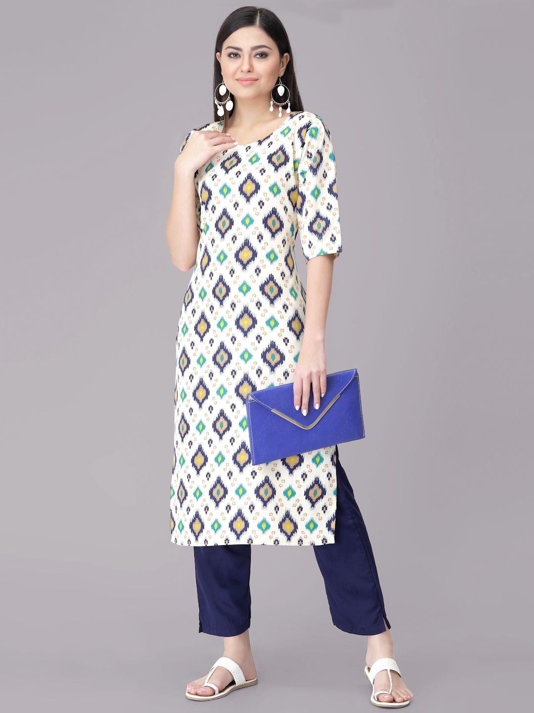 

7Threads Ethnic Motifs Printed Round Neck Straight Kurta With Trousers, White