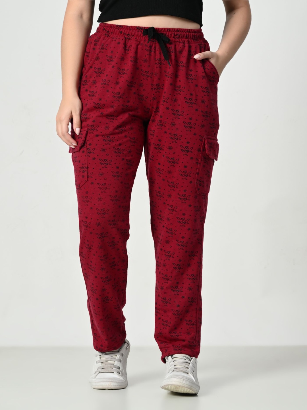 

BAESD Women Printed Relaxed-Fit Mid-Rise Cargo Style Track Pants, Maroon