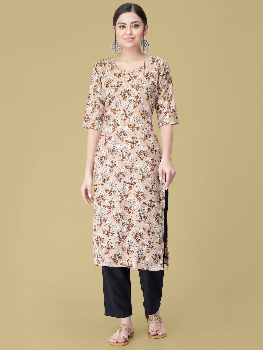 

7Threads Floral Printed Round Neck Straight Kurta with Trouser, Beige