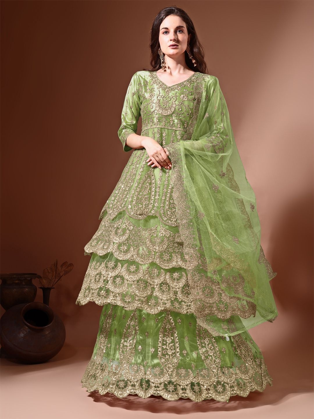 

Ahalyaa Floral Embroidered Beads and Stones Semi-Stitched Kurta With Lehanga & Dupatta, Green