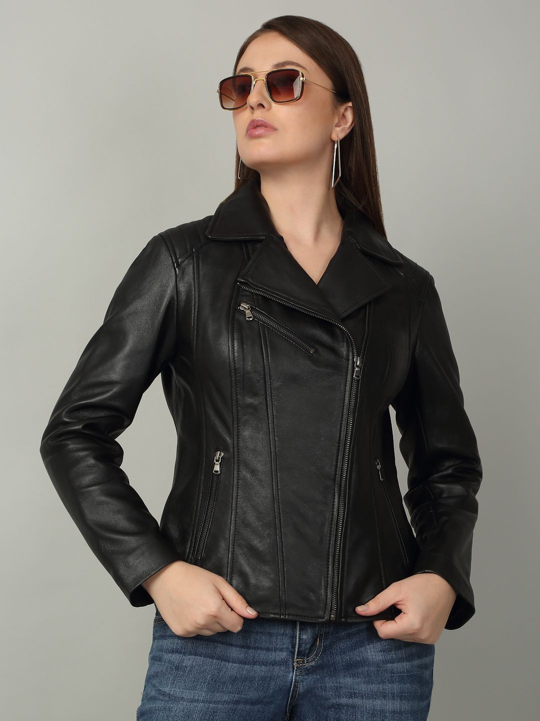

Teakwood Leathers Women Lapel Collar Solid Casual Lightweight Leather Jacket, Black
