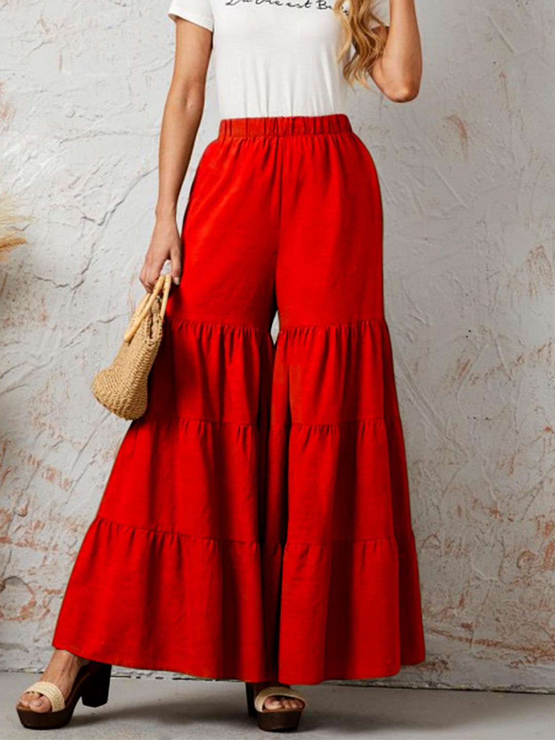 

CHANDERKASH Women Classic Loose Fit Wide Leg Trousers, Red