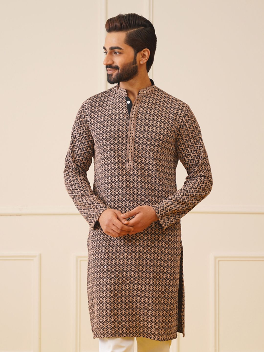 

Jompers Ethnic Motifs Printed Thread Work Mandarin Collar Kurta, Black