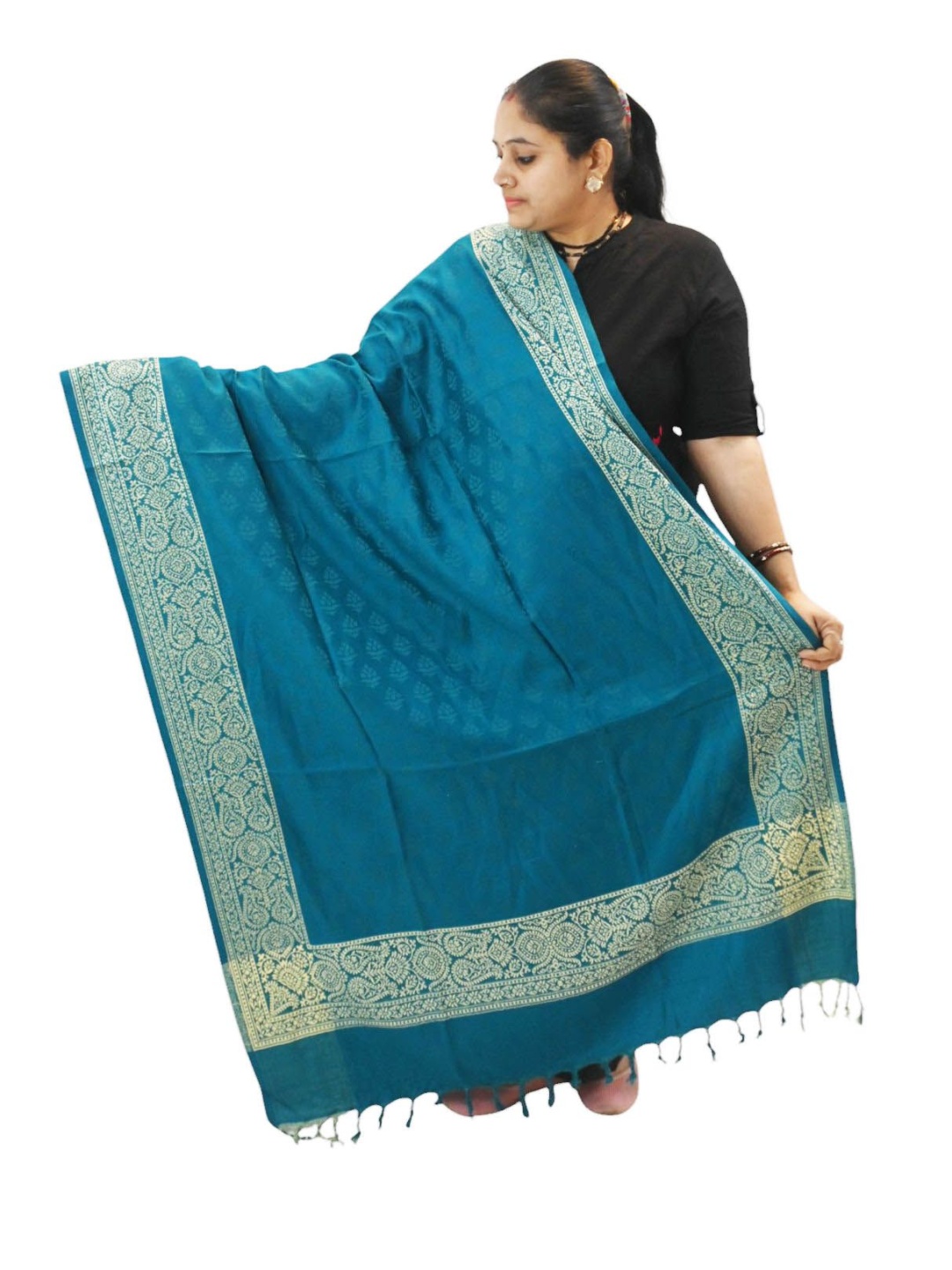 

Vrinde Kashmiri Ethnic Motifs Woven Design Woollen Shawl, Turquoise blue