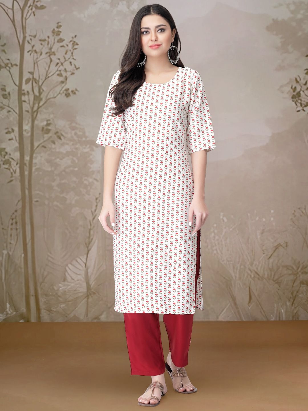 

7Threads Floral Printed Round Neck Straight Kurta With Trousers, White