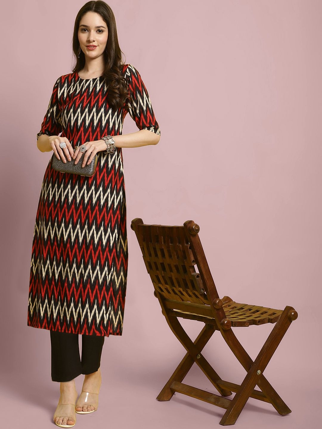 

7Threads Chevron Printed Straight Kurta With Trouser, Black