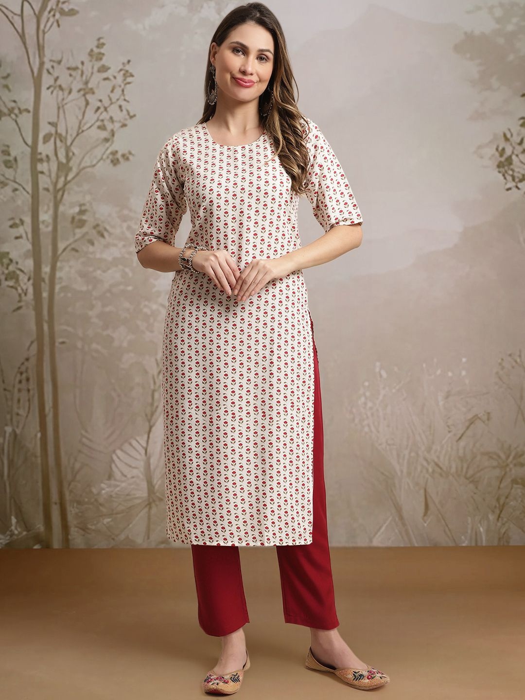 

7Threads Floral Printed Round Neck Kurta With Trousers, White