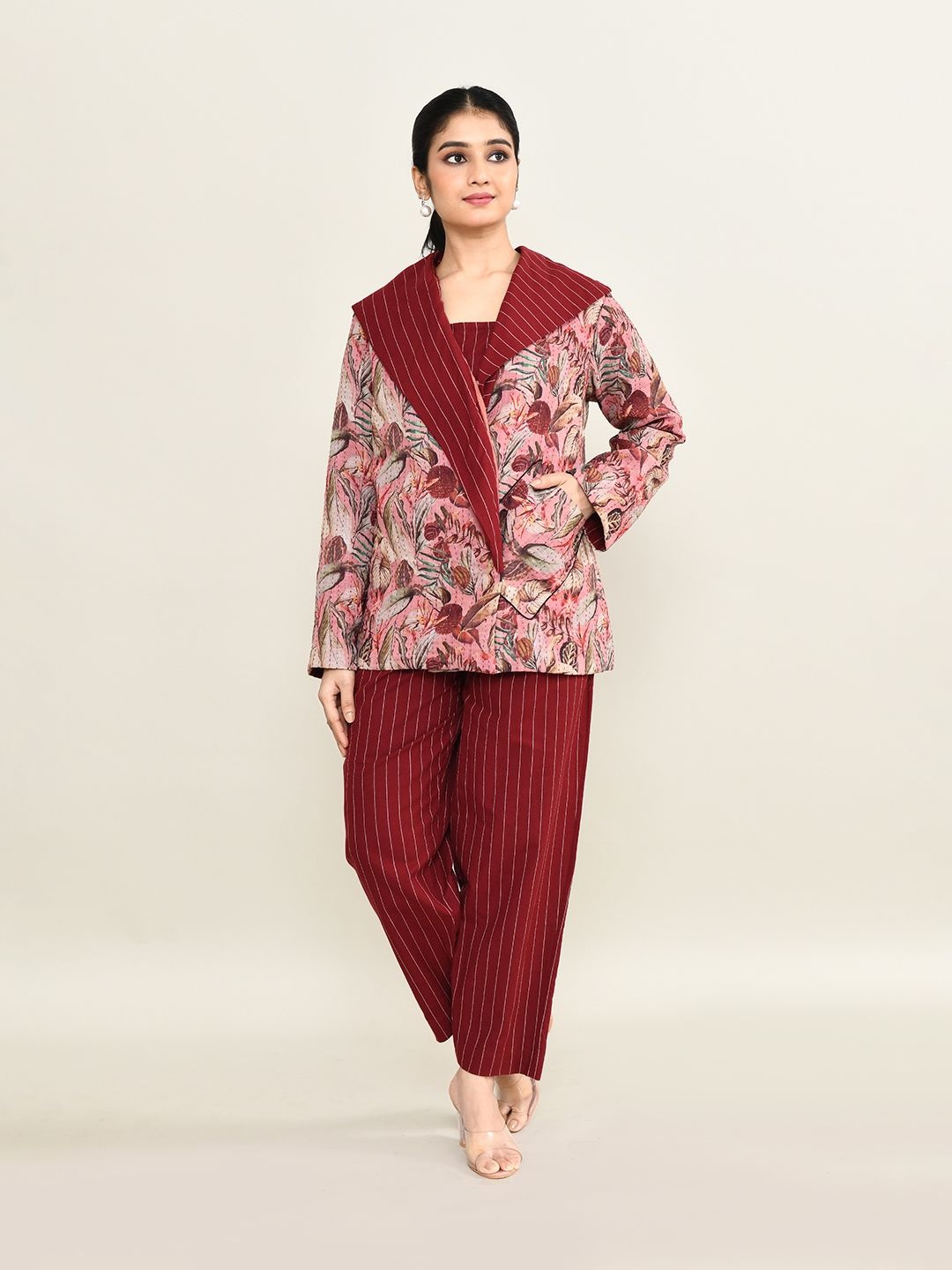 

The Maple Floral Printed V Neck Pure Cotton Top Shrug With Trousers, Pink