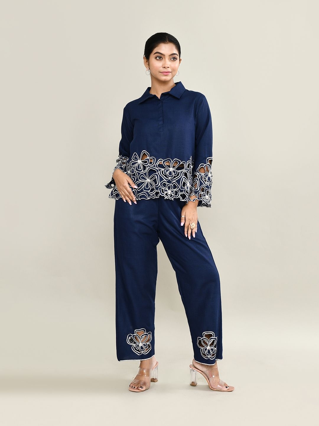 

The Maple Embroidered Pure Cotton Top & Trouser, Blue