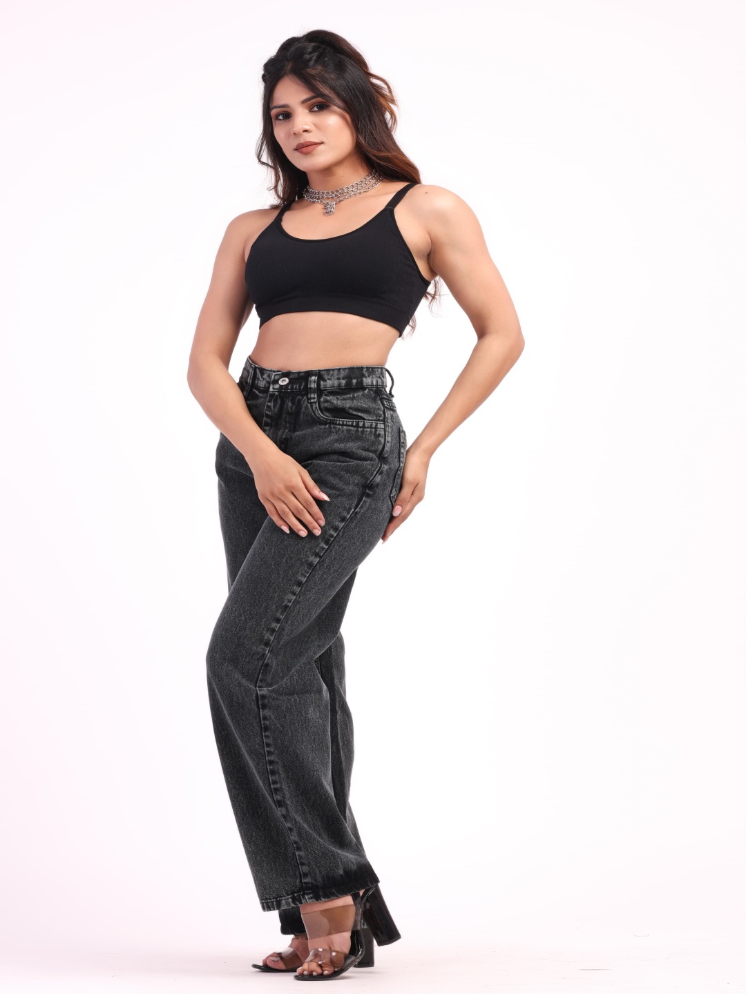 

HIGH BUY Women Loose Wide Leg High-Rise Slash Knee Jeans, Charcoal