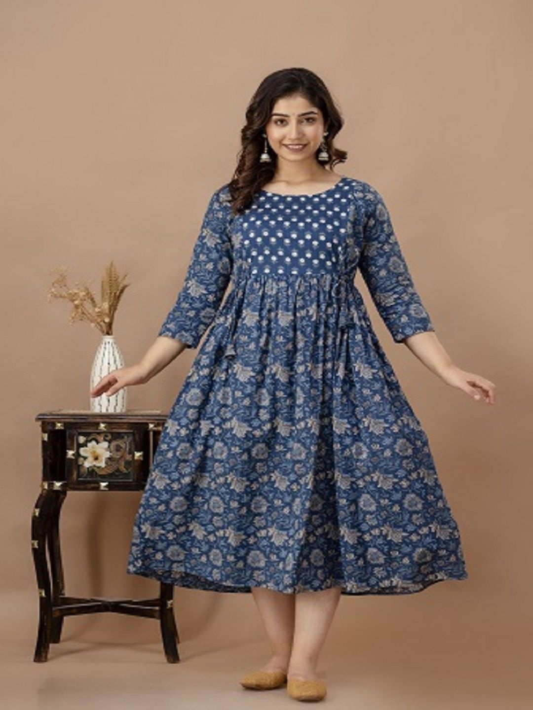 

Nevisha Style Floral Printed Pleated Maternity Pure Cotton Anarkali Kurtas, Blue