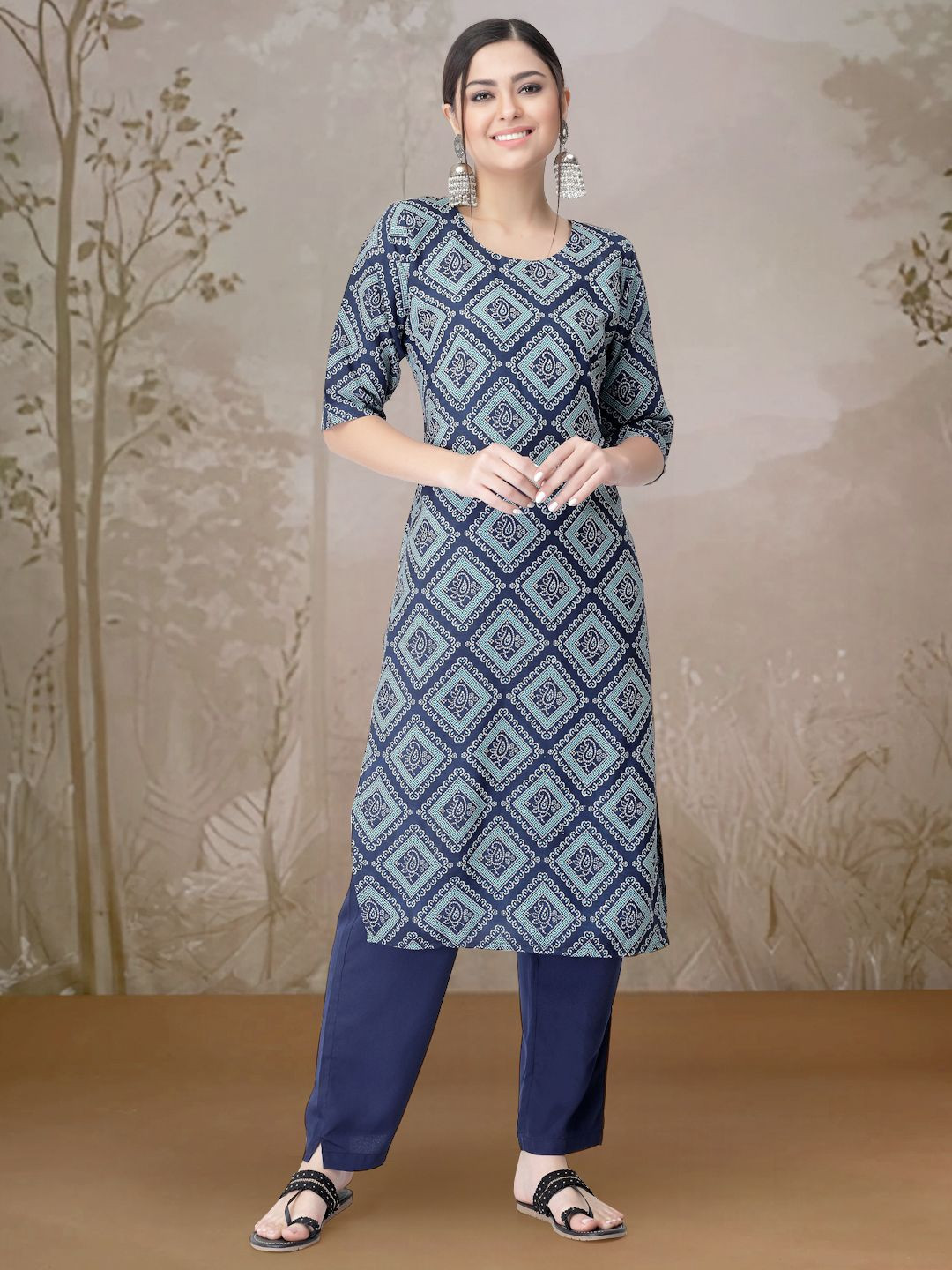 

7Threads Paisley Printed Round Neck Straight Kurta With Trousers, Navy blue