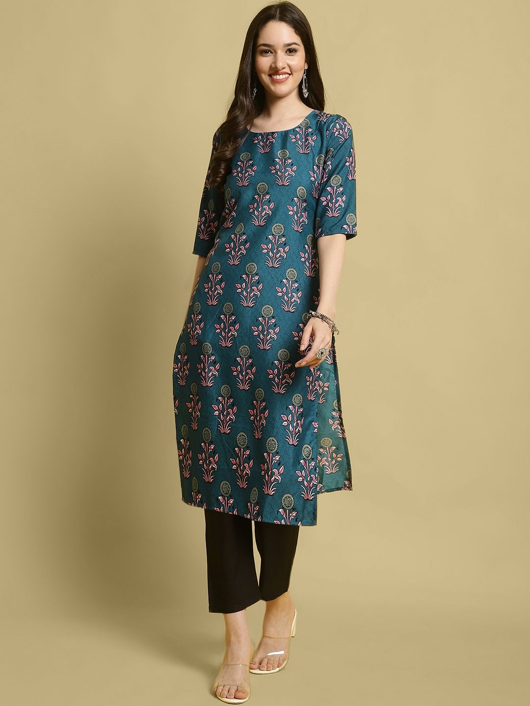 

7Threads Floral Printed Round Neck Straight Kurta with Trouser, Teal