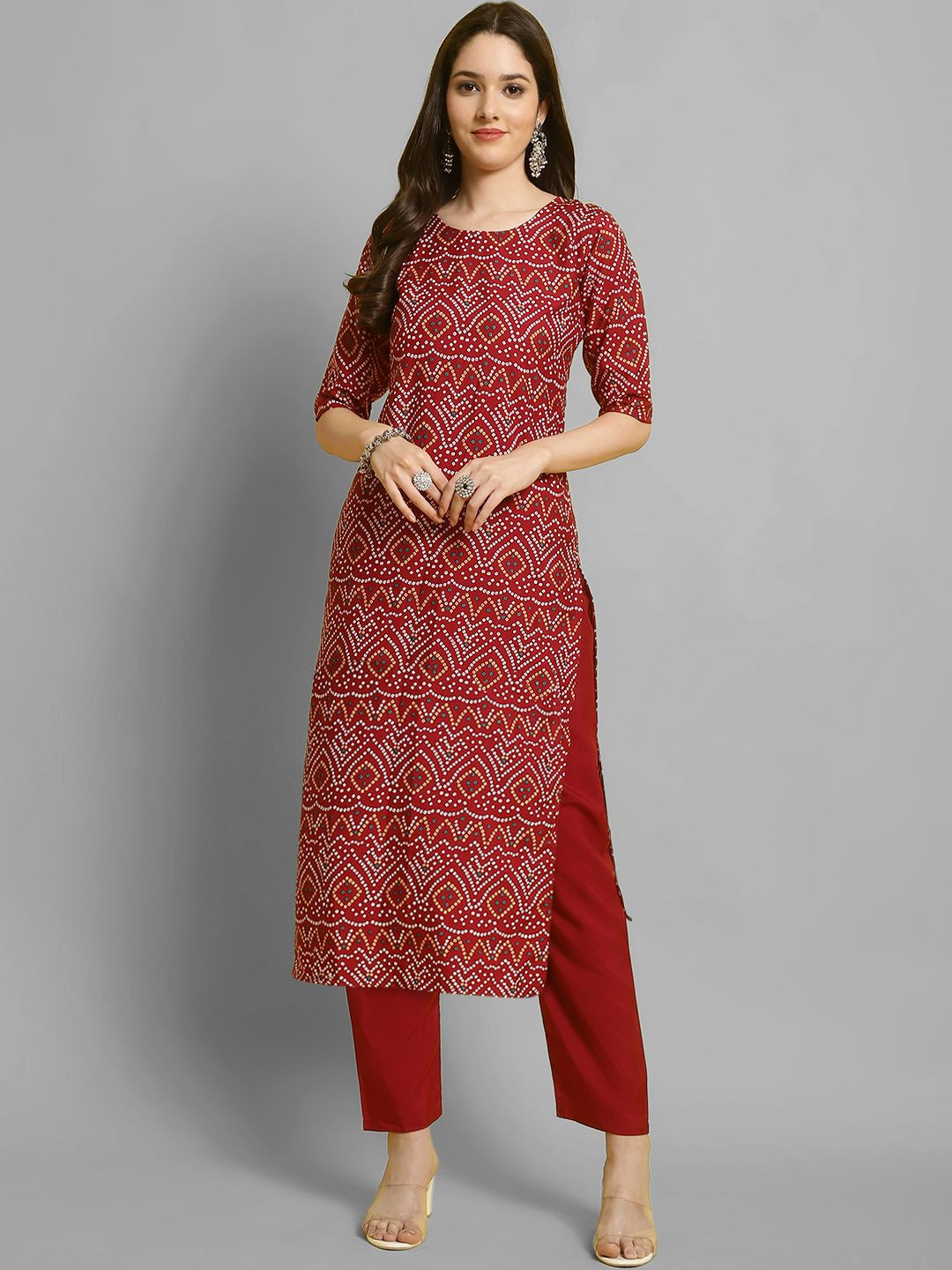 

7Threads Ethnic Motifs Printed Round Neck Straight Kurta With Trousers, Maroon