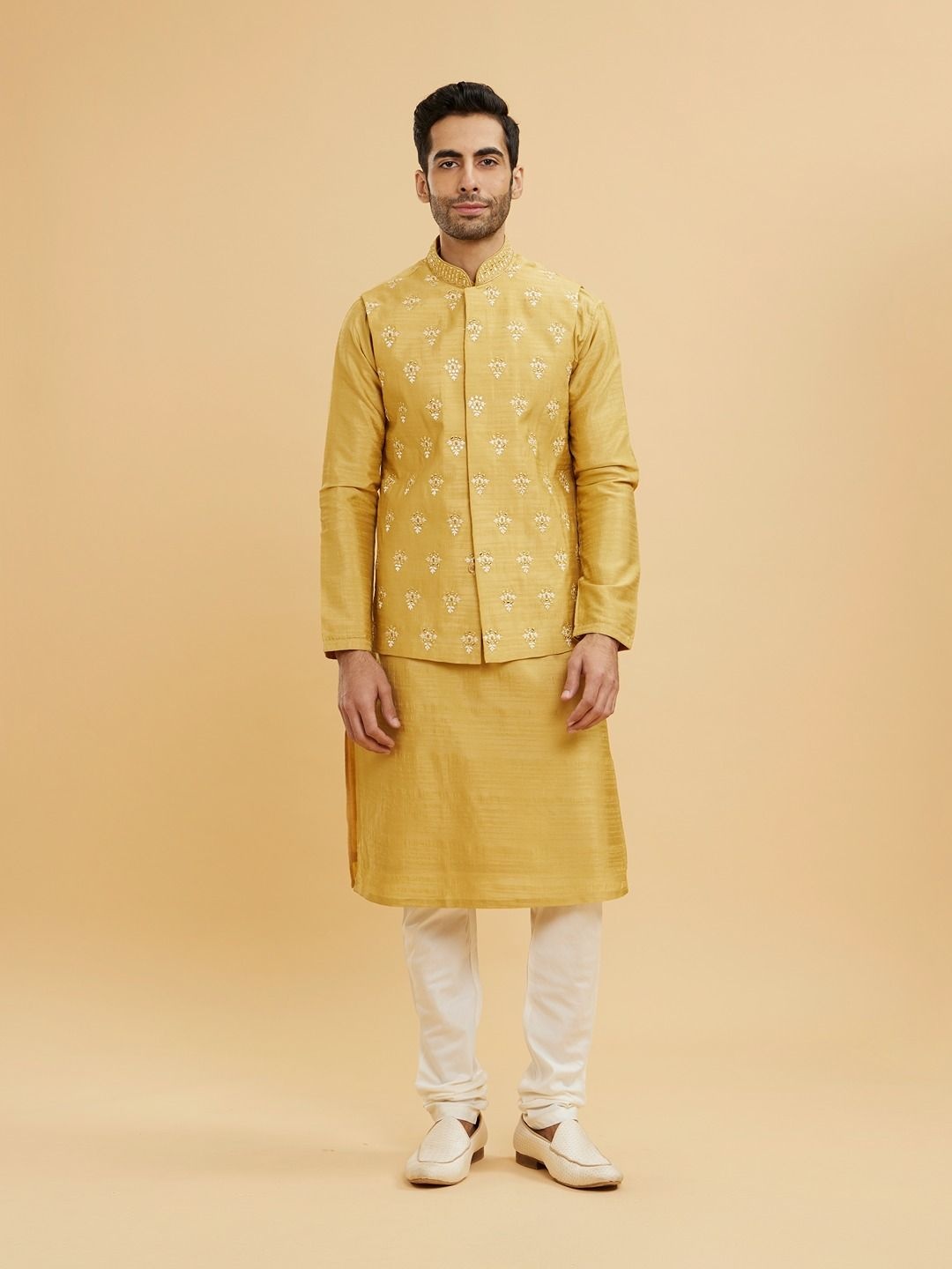 

Twamev Men Regular Mirror Work Kurta with Churidar And Nehru Jacket, Yellow