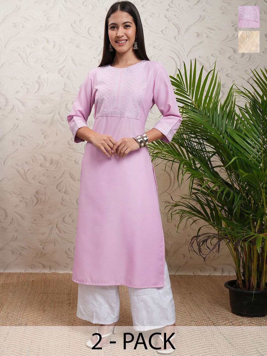 

Vishudh Pack of 2 Women's Thread Work Kurtas, Lavender