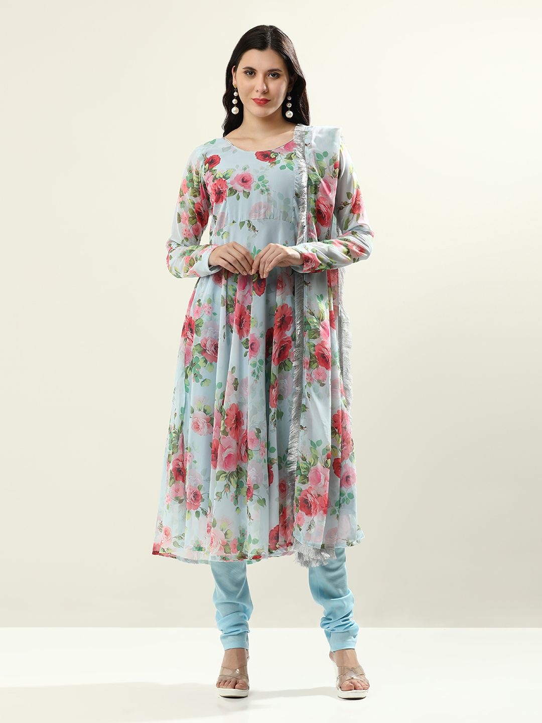 

Jaipur Kurti Floral Printed Phulkari Georgette Anarkali Kurta With Churidar & Dupatta, Blue