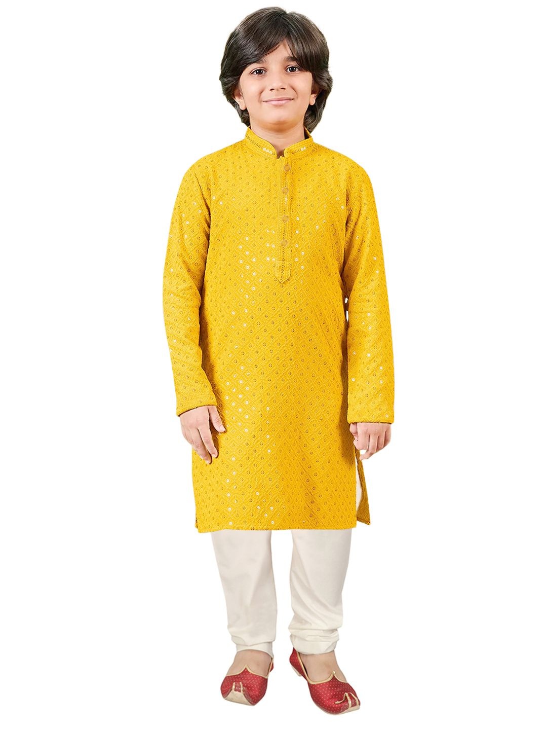 

SG YUVRAJ Boys Sequinned Mandarin Collar Straight Kurta with Pyjama, Mustard