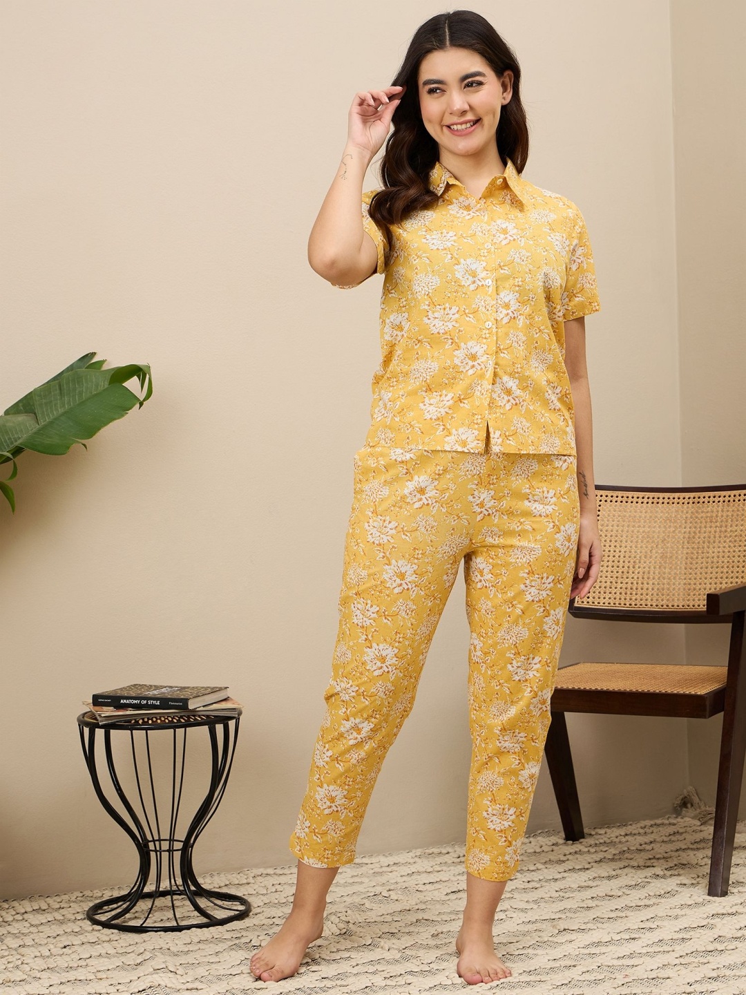 

ETC Women Floral Printed Pure Cotton Shirt Collar Night suit, Yellow