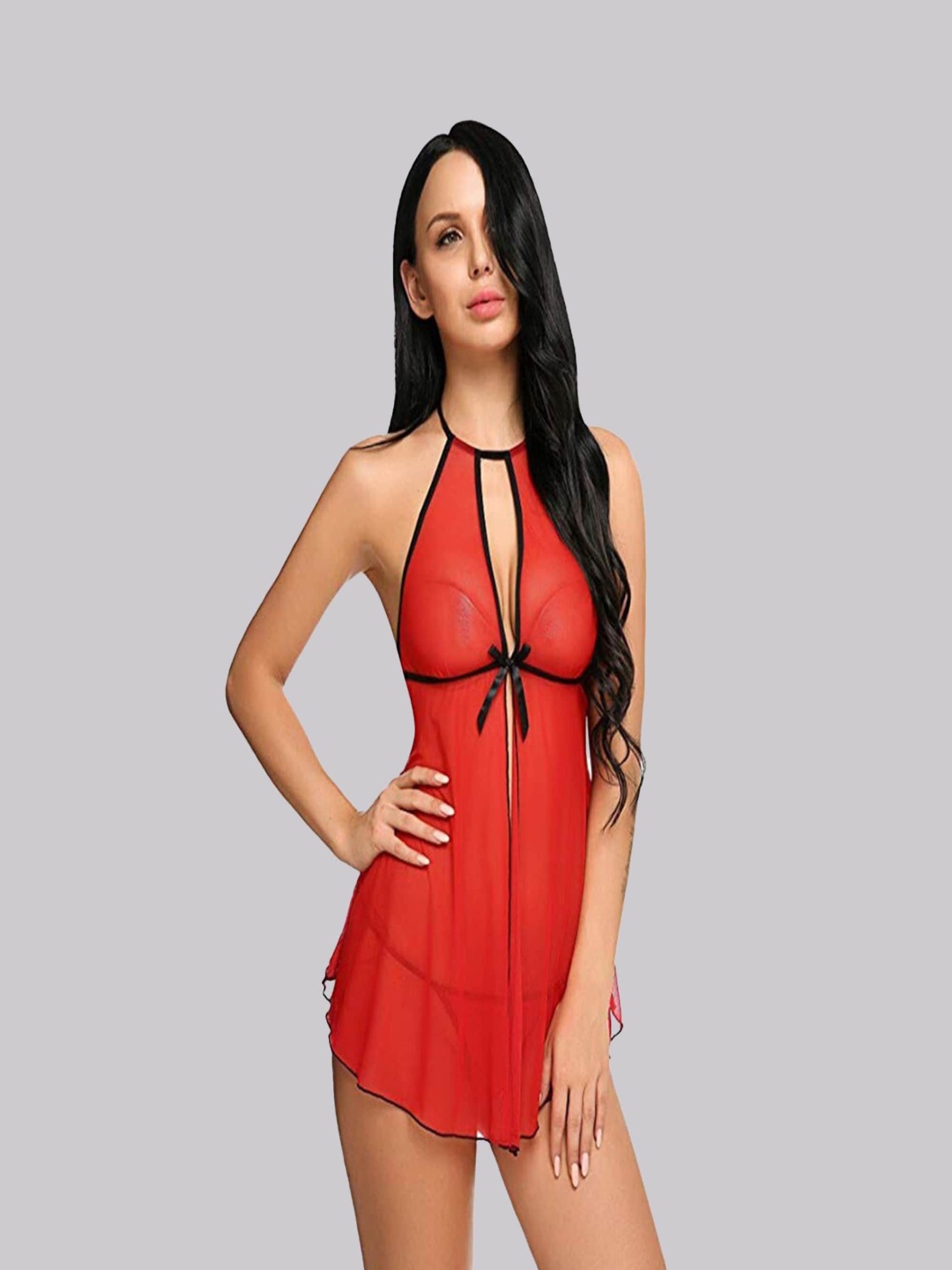 

BILLEBON Net Halter Neck Sheer Baby Doll, Red