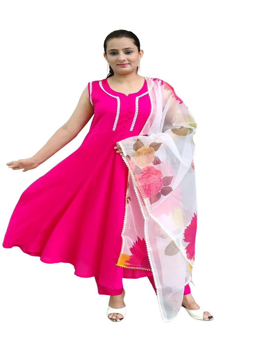 

MUKA Yoke Design Notch Neck Thread Work Anarkali Kurta With Palazzo & Dupatta, Pink