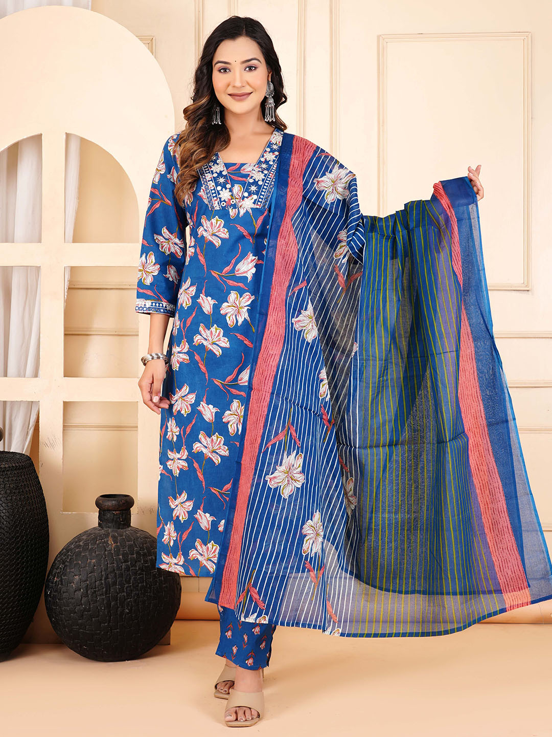 

FABISTA Floral Printed Mirror Work Pure Cotton Straight Kurta With Trousers & Dupatta, Blue