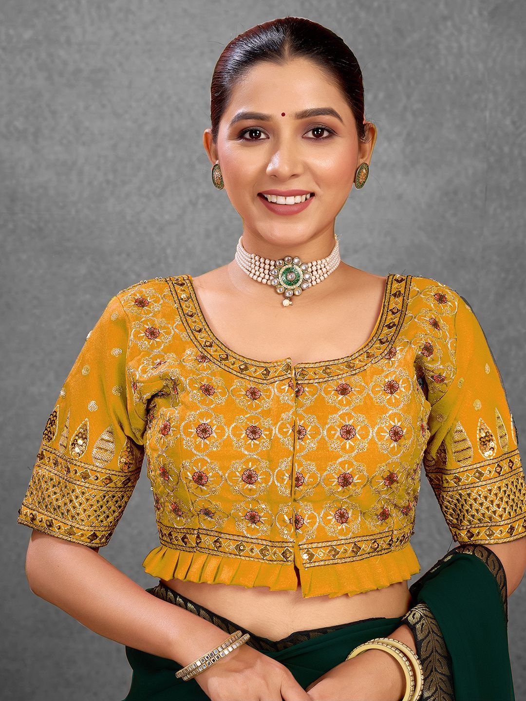 

Kalini Women Sequinned Embroidered Saree Blouse, Mustard