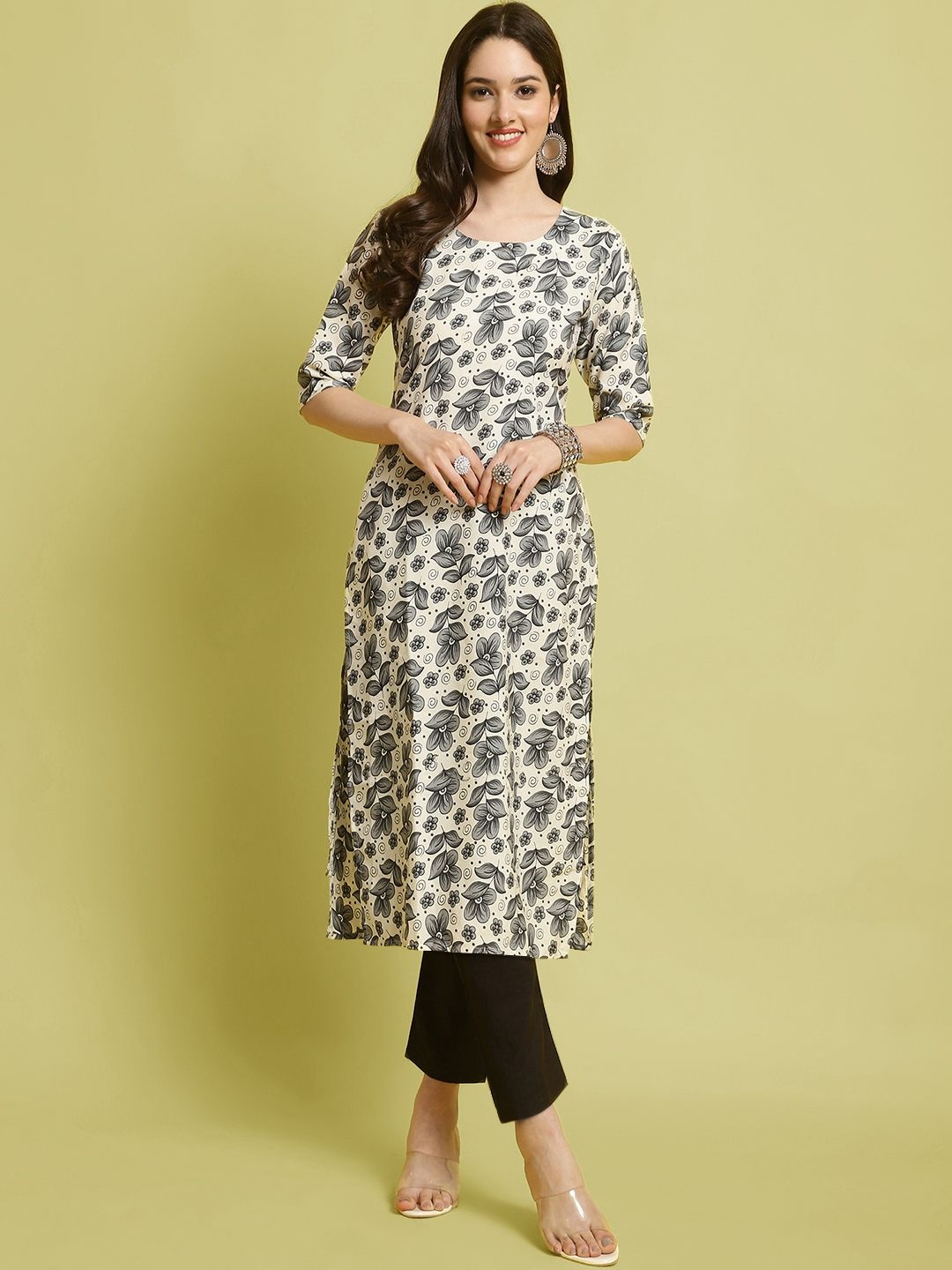 

7Threads Floral Printed Round Neck Straight Kurta with Trousers, Grey