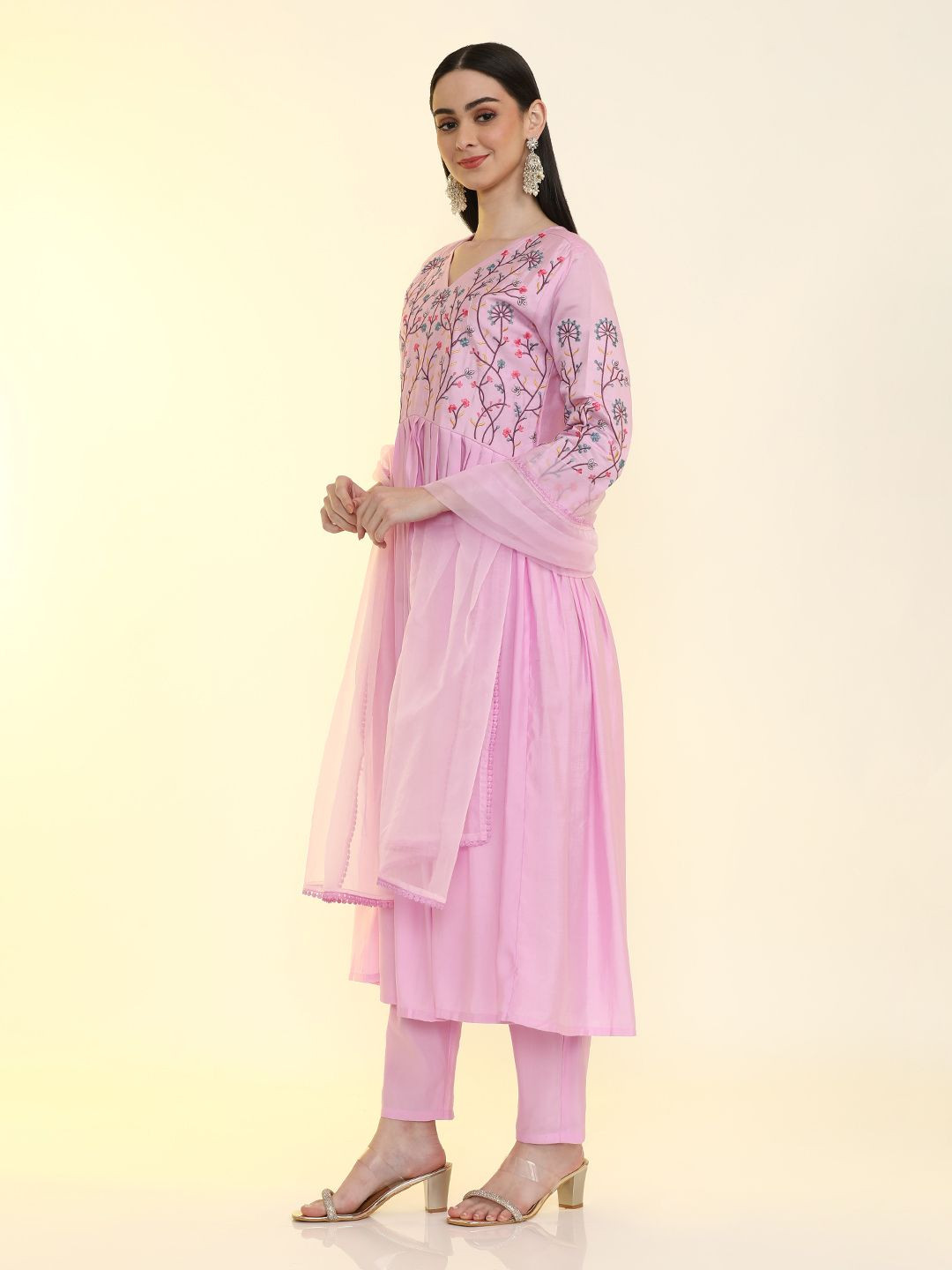 

Jaipur Kurti Floral Embroidered Pleated A-Line Kurta with Trousers & Dupatta, Pink