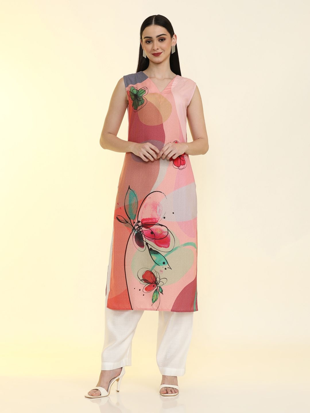 

Jaipur Kurti Floral Printed Straight Kurta, Pink