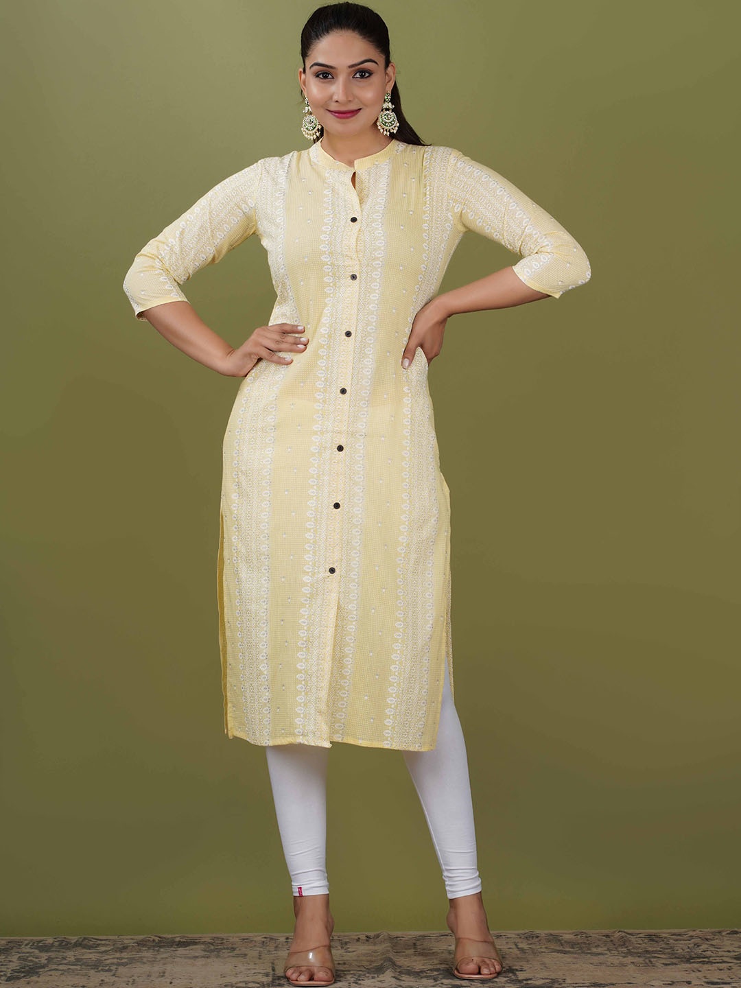 

PARIKSHIT Ethnic Motifs Printed Mandarin Collar Straight Kurta, Yellow