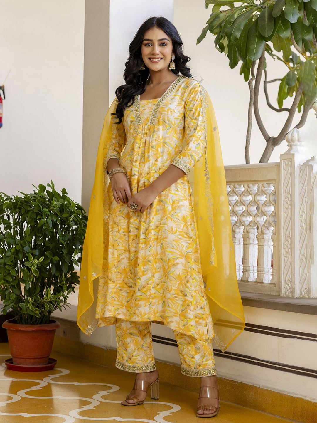 

ERISHA Floral Embroidered Pleated Kurta with Trousers & Dupatta, Yellow