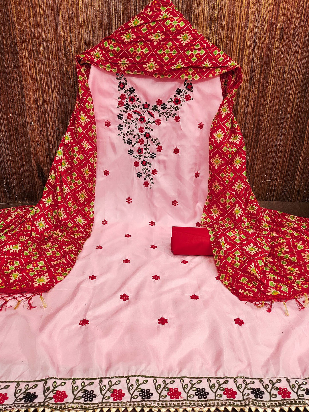 

MANVAA Floral Embroidered Unstitched Dress Material, Pink