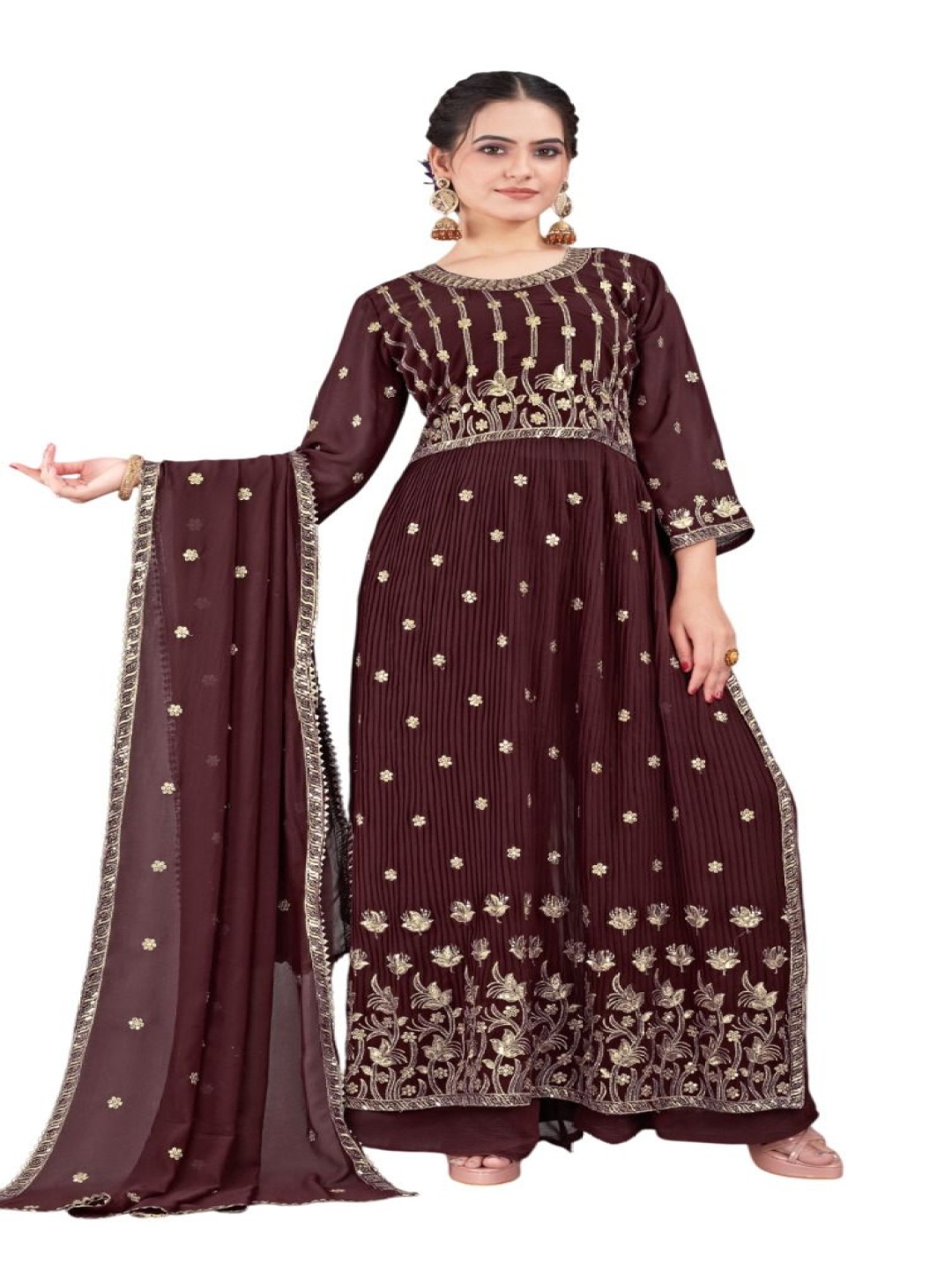 

RUDRAA FAB Ethnic Motifs Embroidered Georgette Straight Kurta with Palazzos & Dupatta, Brown