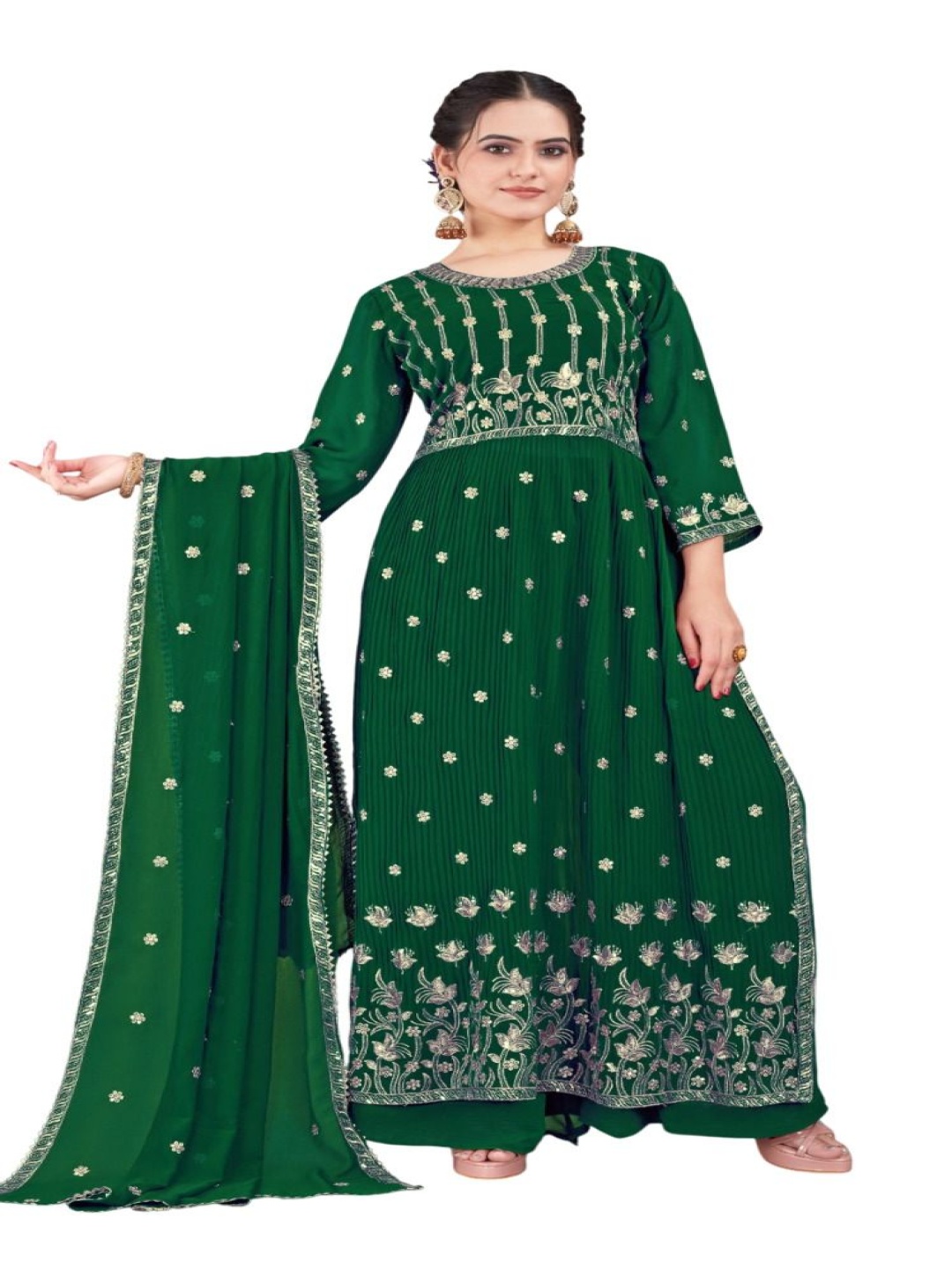 

RUDRAA FAB Ethnic Motifs Embroidered Georgette Straight Kurta with Palazzos & Dupatta, Green